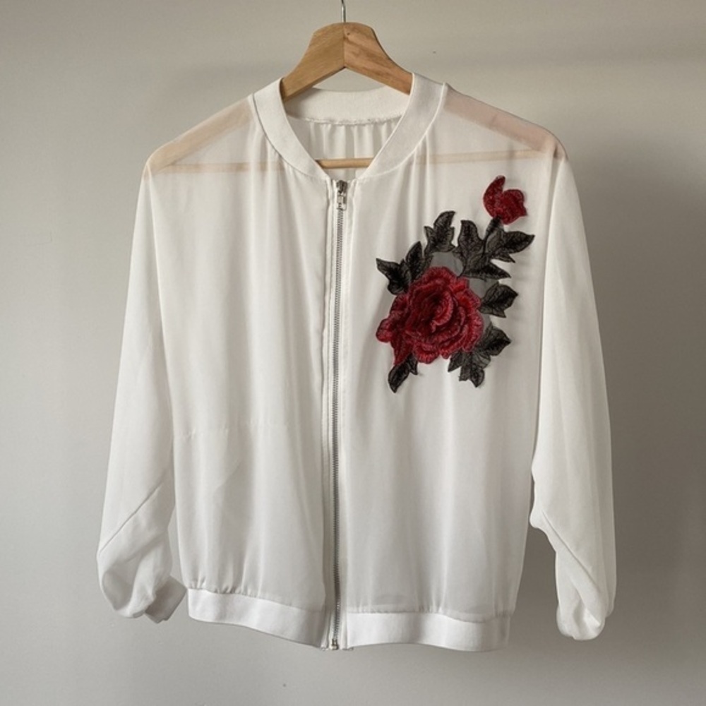 Sheer Rose Bomber Jacket White Mesh Zip Up Small